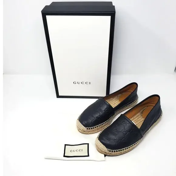 Gucci Signature Guccissima Leather Pilar Espadrille Flats Black Size 37.5 US 7.5 - Picture 2 of 13